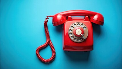 Vintage red telephone on blue background, retro, communication, technology, old-fashioned, call, connection, antique, isolated