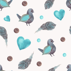 Colorful watercolor pattern featuring birds, hearts, and feathers on light background