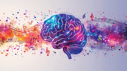 Musical Brain: Colorful Vector Illustration for Artistic Music Festival Poster, Live Concert, and Creative Listening Experience with Instruments and Notes