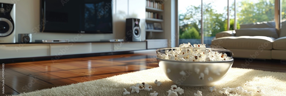 Sticker Popcorn bowl and pathway connecting television to sofa in a cozy living space.