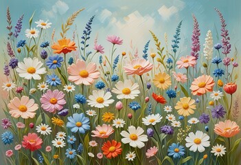 Fototapeta premium an assortment of whimsical flowers with thick, impasto brushstrokes against a pastel-hued backdrop that gives the impression of a dreamy, enchanted meadow.