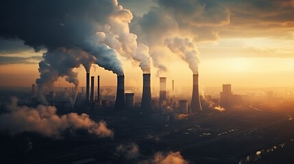 Obraz premium Industrial factory smokestacks release thick plumes of smoke into the sky during a dramatic golden sunset, representing air pollution and environmental impact.