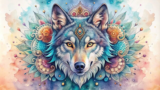 Wolf face colored with watercolors and intricate mandala decorations , wolf, face, watercolors, mandala, decorations