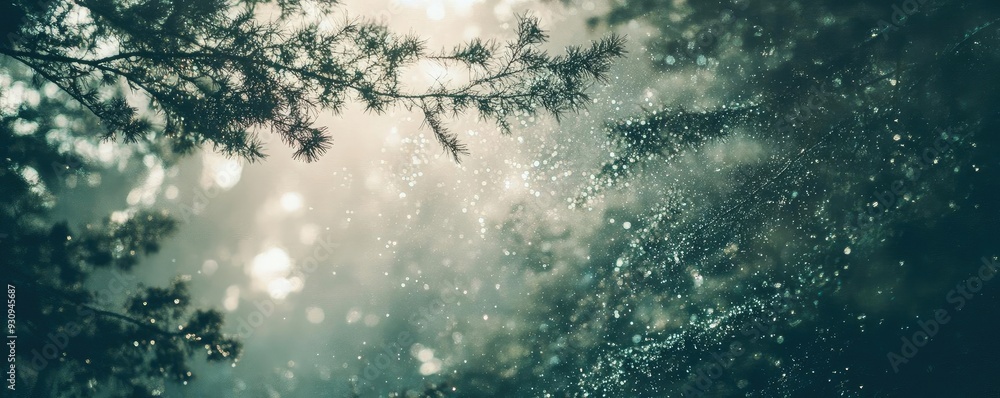 Poster ethereal light filtering through lush foliage, creating a serene atmosphere in a misty forest. perfe
