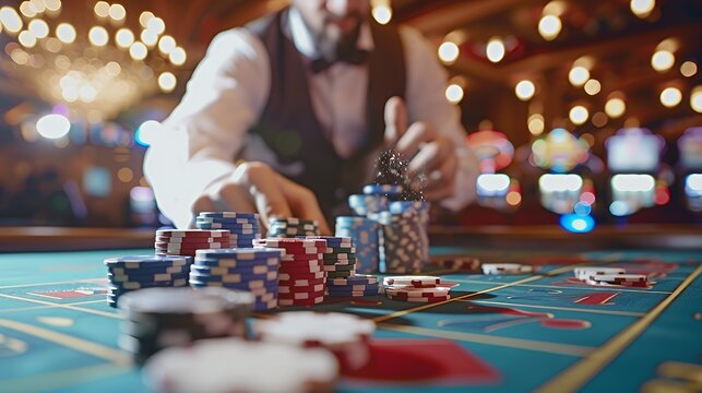 A close-up view of a casino table with a dealer in the background, showing stacks of poker chips in various colors and denominations.