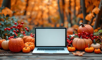 Laptop with blank screen and cute pumpkin. Mock up promotion offer ads for thanksgiving oor Halloween. Template for  ads digital online shopping.  promo fall sale, promotion offer ads,