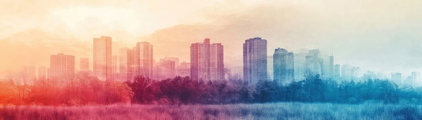 Naklejka premium A vibrant city skyline at sunrise, showcasing colorful buildings against a misty backdrop of nature and urban life.