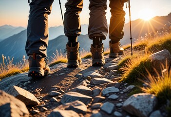hikers with trekking poles walking on a mountain trail during the golden hour, focusing on the lead hiker’s boots and the distant peaks in soft focus