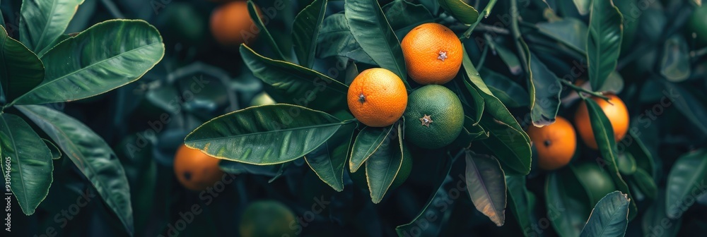 Sticker Calamondin fruits growing on a small citrus tree