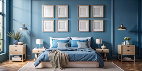 Mockup frames of wall art in a blue colored themed bedroom , bedroom, mockup, frames, wall art, blue, themed