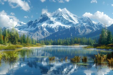 Fototapeta premium Serene Mountain Lake Reflects Snow-Capped Peak in Landscape