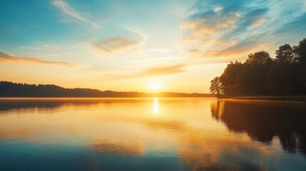 Fototapeta premium sunset at coast of the lake. Nature landscape. Nature in northern Europe. reflection, blue sky and yellow sunlight. landscape during sunset , ai