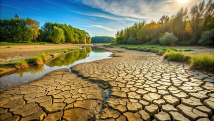 Dry riverbed with cracked mud in a swampy wilderness, wilderness, dry, cracked mud, river, swampy, nature, landscape, barren