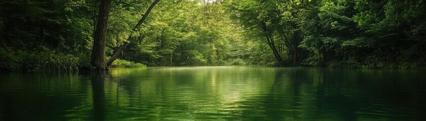 A tranquil forest scene reflecting calm water and lush greenery, perfect for nature lovers and relaxation themes.