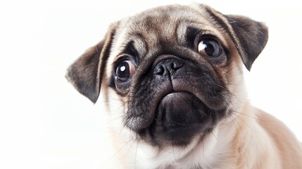 Obraz premium Close-up portrait of a cute fawn pug puppy looking up with sad expressive eyes against a white background.