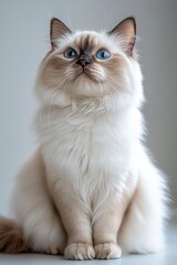 Fototapeta premium a ragdoll cat sitting on a white ground, the background is white