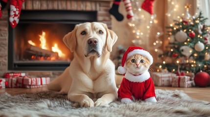 A Labrador retriever and a white cat in a Santa hat pose for a photo near a fireplace, with Christmas decorations in the home background. A yellow Labrador with a cute kitten wearing a red costume sit