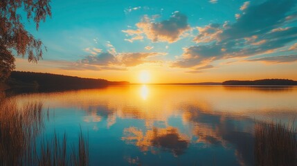 Fototapeta premium sunset at coast of the lake. Nature landscape. Nature in northern Europe. reflection, blue sky and yellow sunlight. landscape during sunset , ai