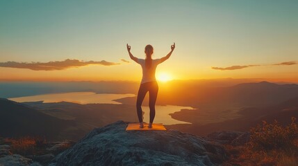 Fototapeta premium A woman yoga on a mountaintop with sunrise