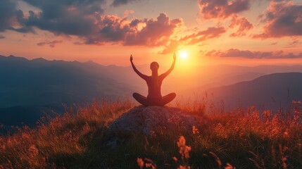 A woman yoga on a mountaintop with sunrise