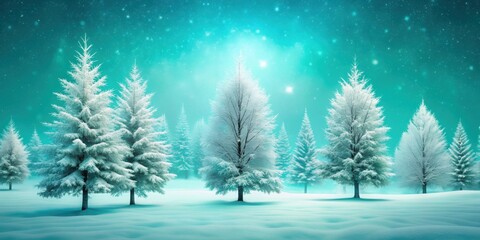 Serene winter scene with snow-covered trees on teal background , winter, snow, serene, trees, teal, seasonal, decor, nature