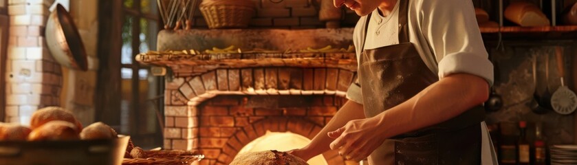 Fototapeta premium A baker in an apron prepares fresh bread in a rustic kitchen with a brick oven, surrounded by bread and warm lighting.