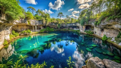 Serene beauty of Cenote Calavera in Mexico three circular holes under blue sky with sunlight reflections on water