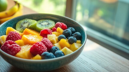Healthy breakfast bowl with vibrant fruits on table
