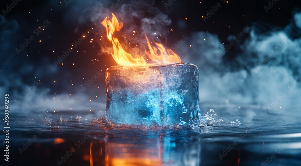 Poster a mesmerizing and captivating image of an ice cube engulfed in fiery flames, vividly showcasing the 