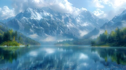Fototapeta premium Majestic Mountain Lake Shrouded in Ethereal Mist and Tranquil Serenity
