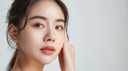 Obraz premium Young Asian woman with clean skin and natural makeup touching her face against a neutral gray background.