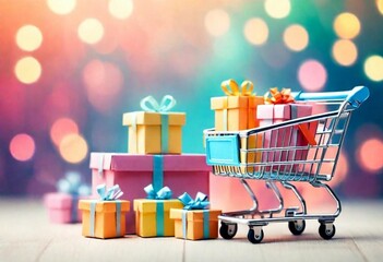 An elegant design featuring shopping cart shopping gift boxes, business sale commerce concept and beautiful vibrant bokeh background, Generative AI