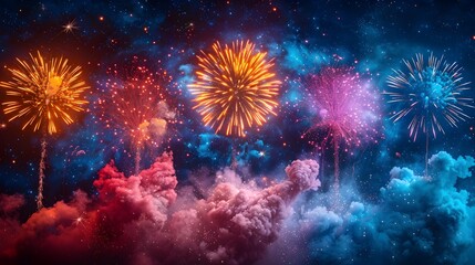 Festive Fireworks Display Illuminating the Night Sky with Vibrant Colors and Dazzling