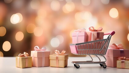 An elegant design featuring shopping cart shopping gift boxes, business sale commerce concept and beautiful vibrant bokeh background, Generative AI