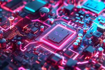 Closeup of a glowing neon pink circuit board with a central processor unit.