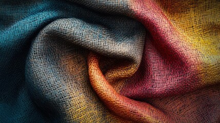 Fototapeta premium Vibrant woven fabric featuring a blend of blue, yellow, and red hues intertwined in a detailed pattern, ideal for backgrounds, textiles, and artistic projects,