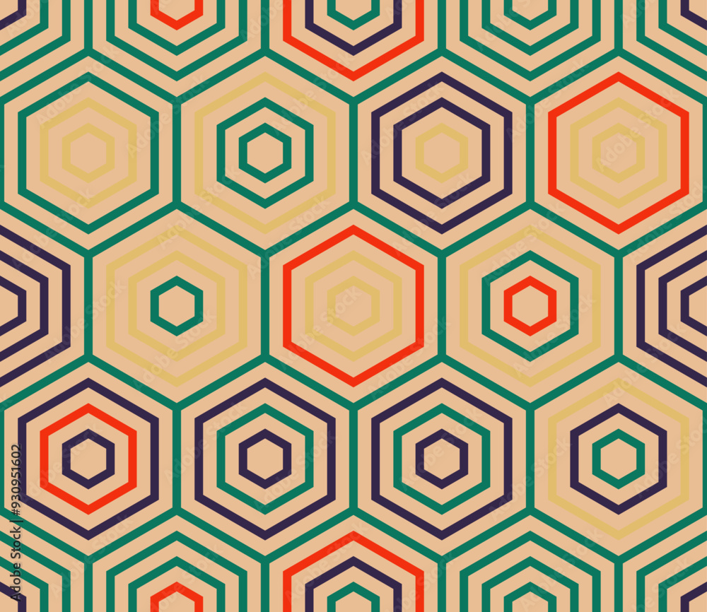 Poster hexagon pattern. simple stacked hexagons pattern. large hexagons. multiple tones color palette. seam