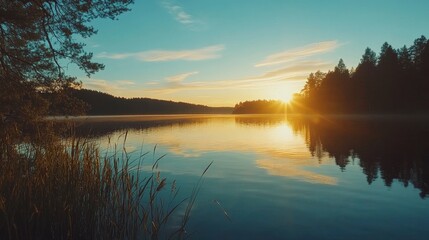 Fototapeta premium sunset at coast of the lake. Nature landscape. Nature in northern Europe. reflection, blue sky and yellow sunlight. landscape during sunset , ai