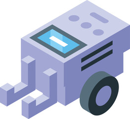 Isometric icon of a small home robot moving using legs and a wheel