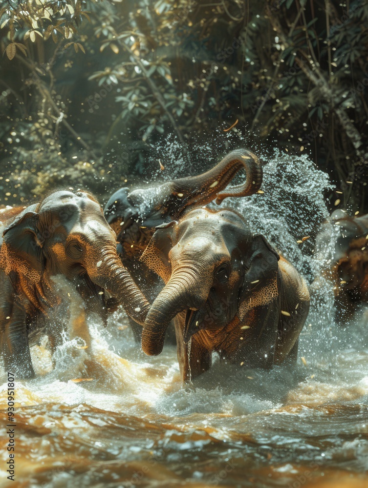 Poster a group of elephants joyfully bathe and splash water in a river, surrounded by greenery, creating a 