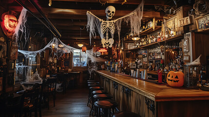 A Wild West bar with spooky Halloween decorations, including a hanging skeleton and cobwebs over the wooden counter 