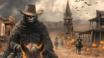 A cowboy in a tattered hat and costume mask riding a ghost horse through a Halloween-decorated ghost town 