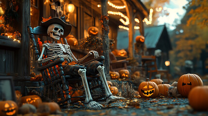 A cowboy skeleton sitting on a rocking chair in front of a haunted saloon, with pumpkins scattered around 