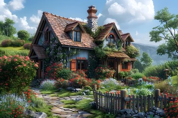 Obraz premium Charming Rustic Farmhouse Surrounded by Blooming Flowers and Picket Fence in Picturesque Country Landscape