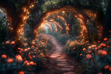 Fototapeta premium Enchanted Fairy-Lit Garden Path with Twinkling Lights and Magical Atmosphere