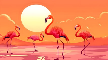A mesmerizing scene of a flock of vibrant pink flamingos wading in a serene tranquil lake or lagoon set against a breathtaking tropical sunset landscape with an orange and golden sky