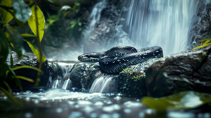 Serene Waterfall Cascading Through Lush Tropical Foliage with a Coiled Black Python Resting Camouflaged on the Mossy Rocks Below