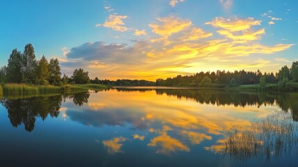 Fototapeta premium sunset at coast of the lake. Nature landscape. Nature in northern Europe. reflection, blue sky and yellow sunlight. landscape during sunset , ai
