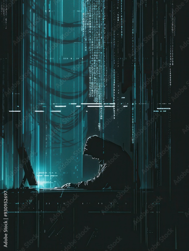 Poster a person in a hoodie types on a computer, surrounded by matrix-style green code illuminating the dar