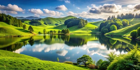 Tranquil landscape featuring lush green hills and a calming lake , tranquil, peaceful, escape, landscape, verdant hills
